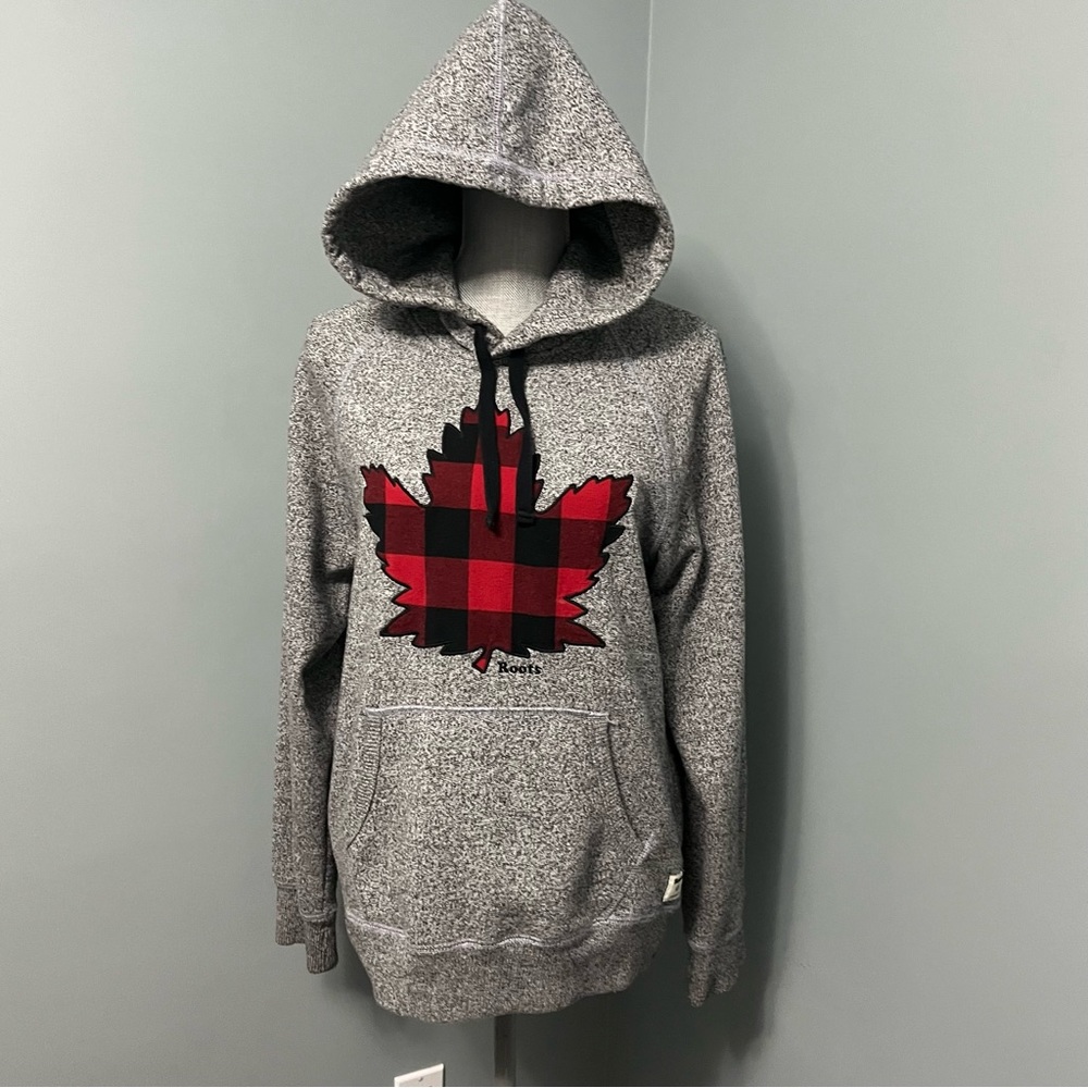ROOTS men’s maple leaf pullover hoodie sweatshirt size XS grey red Buffalo plaid - Picture 5 of 14